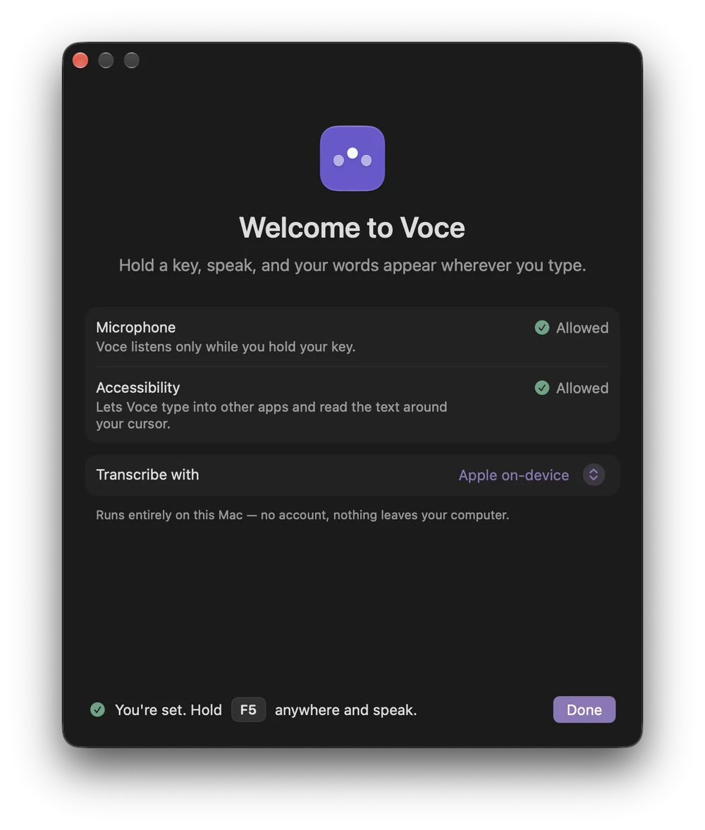 Voce welcome window asking for Microphone and Accessibility access