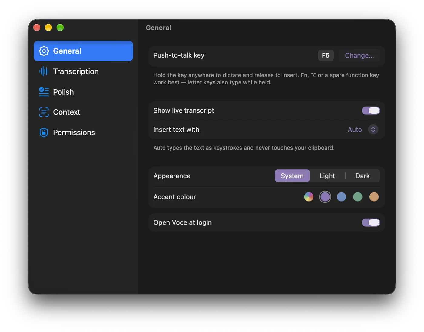 Voce settings window, styled like System Settings